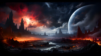 Wall Mural - space scene with stars, planets and asteroids in the galaxy. panorama. abstract universe filled with