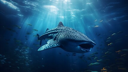 Wall Mural - Close up of a Whale Shark swimming in the deep Ocean. Natural Background with beautiful Lighting	