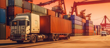 Container Truck In Ship Port For Business Logistics And Transportation Of Container Cargo Ship