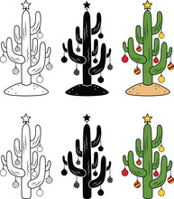 Decorated Christmas Tree Cactus Clipart - Outline, Silhouette & Color