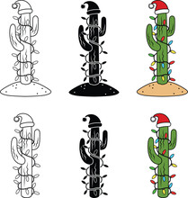 Christmas Tree Cactus Clipart With String Of Lights - Outline, Silhouette & Color