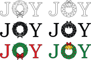 Wall Mural - Christmas Joy Decorative Word with Wreath Clipart - Outline, Silhouette & Color 