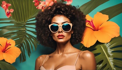 Tropical photo collage of beautiful woman in sunglasses with modernism-inspired portraiture