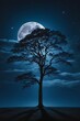 A midnight sky filled with a dark blue hue, illuminated by a full moon and a single, tall tree silhouetted against it.