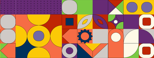 Wall Mural - Colorful geometric mosaic seamless pattern illustration with creative abstract shapes. Modern Scandinavian style background print. Trendy bright symbols and minimalist shape, geometric collage.