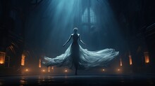 Ghost Ballerina Dance On Old Theater Stage At Night. Cartoon Illustration Of Dead Woman Spirit In Abandoned Dark Opera