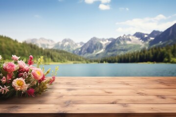 Wall Mural - Empty wooden table decorated with colorful flowers generative ai