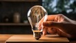 Hand touching on light bulb on wood block with word ideas new idea concept with innovation