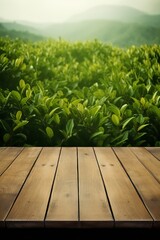 Wall Mural - Empty wooden table or wooden desk with tea plantation generative ai