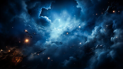 Canvas Print - Space scene with stars, planets and asteroids in the galaxy. Panorama. Universe filled with stars, planets, asteroids, nebula and galaxy. Cosmic dust and fog. Generative AI technology.