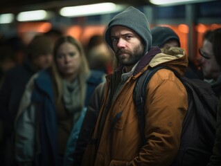 Poster - A man with a backpack standing in front of a crowd of people. Generative AI.