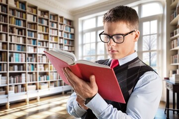 Canvas Print - Happy young smart man works in law firm, AI generated image