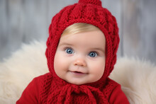 A Smiling Cute Baby Wearing A Red Knitted Hat And Sweater. The Background Is A White Wooden Wall With A White Fur Rug