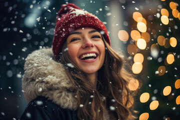 Wall Mural - Portrait of a woman is laughing in the snow. She wears a red beanie and a black jacket with a white fur collar, christmas, happiness, xmas, bokeh