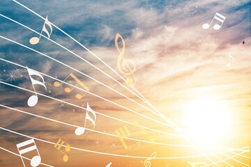 Wall Mural - Beautiful musical notes on sunset sky background