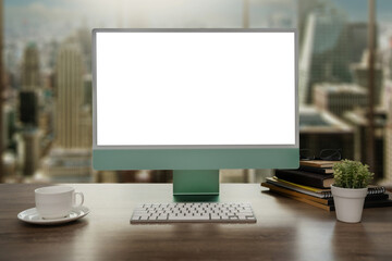 Poster - Laptop with blank screen on table. room with decorations and copy space computer with blank copy space screen for your advertising text message