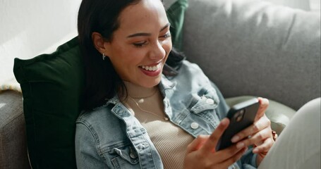 Poster - Woman, laugh and typing with phone on sofa, scroll social media or reading funny notification from home. Smartphone user, meme and search website, download digital app and mobile games in living room