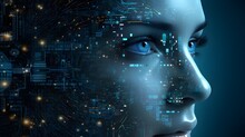 The Face Of Artificial Intelligence With Blue Light And Green Lines In The Background, In The Style Of Futuristic Contraptions, Uhd Image, Textural Portraits, Mind-bending Murals, Depth Of Field, Long