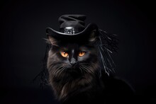  Closeup Portrait Of Gentleman Black Maine Coon Or Siberian Breed Cat In Fashion Victorian Silk Hat. Halloween Autumn Concept