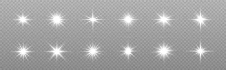 Wall Mural - Glowing stars. Silver flares collection. Magic white bursts. Bright explosions on transparent backdrop. Christmas light particles. Beautiful sparks. Vector illustration