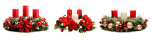 Set Of Three Advent Wreaths For Christmas Table Over Isolated Transparent Background