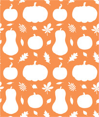 Wall Mural - Vector seamless pattern of hand drawn pumpkin and leaves silhouette isolated on orange background