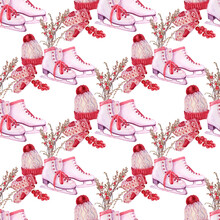 Seamless Pattern Watercolor Winter Composition With Red Hat And Mittens And Skates On White Background. Creative Art With Currant And Branch For Christmas Celebration Invite. Wrapping Or Wallpaper