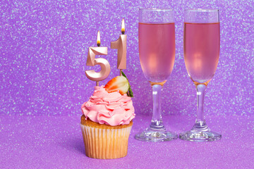 Cupcake With Number And Glasses With Wine For Birthday Or Anniversary Celebration