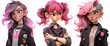 3d cartoon trendy punk young woman with messy pink bob hair style, and casual wear. Collection.