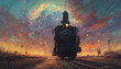 Oil painting with heavy impasto anime a fullshot old steam train