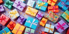 Christmas Gift Box. Colorful Multicolored Gift Boxes. Merry Christmas And Happy New Year. Festive Bright Beautiful Background.