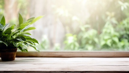 Aufkleber - Wooden table top with green plant in pot on window sill blurred background. High quality photo