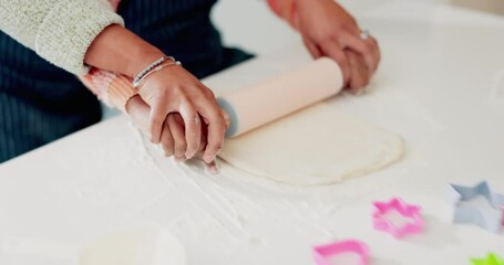 Canvas Print - Cooking, baker and food mother and daughter in kitchen for cookies, helping or learning. Breakfast, love and support with woman and girl and rolling pin in family home for dessert, recipe or pastry