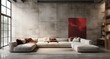 An open floor plan in industrial apartment with leather ottomans and sofas, in the style of densely textured or haptic surface, light silver and light red, narrative paneling, neo - concrete, tabletop