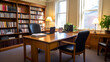 © The PNG of Everythin - An interior of an office with dark brown desk, black chair, and white bookshelves.