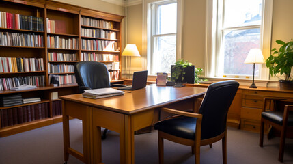 Wall Mural - An interior of an office with dark brown desk, black chair, and white bookshelves.