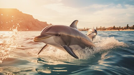 Wall Mural - Portrait dolphin appearing in the sea with light exposure