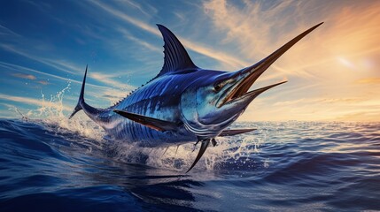 Wall Mural - Portrait blue marlin fish jumping over the sea AI Generative