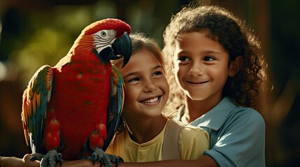 Wall Mural - Portrait kids with parrot in the zoo AI Generative 