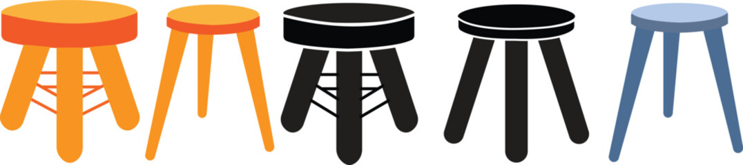 set of flat stool with three legs. Colorful three legged stool isolated on white background. Stool icon or design elements collection.