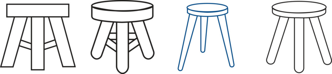 set of line stool with three legs. Colorful three legged stool isolated on white background. Stool icon or design elements collection.