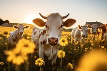 Portrait Cow In The Meadow With Flower AI Generative