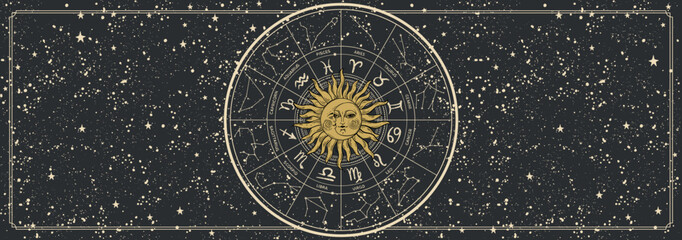Wheel with zodiac signs, constellations and astrological symbols. Mystical vintage black banner with copy space for text, vector background of astrology, tarot, horoscope.