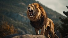 Portrait Lion Roaring  Standing On The Rock AI Generative