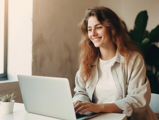  joyful relaxed smiling young woman using laptop