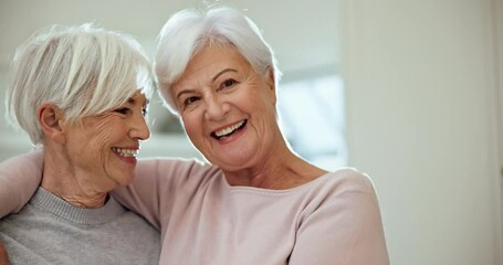 Poster - Senior friends, hug and smile for portrait in home together with support, love and happy profile picture in retirement. Laughing, face and elderly women care for old friendship and embrace in house