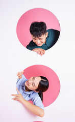 Wall Mural - Photo of young Asian couple on background