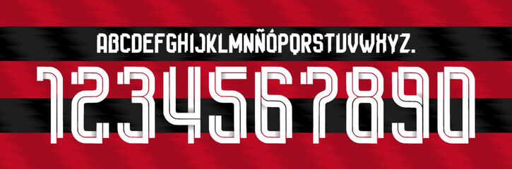 Poster - font vector team 2023 - 2024 kit sport style font. football style font with lines. flamengo font. The Mengao. sports style letters and numbers for soccer team. league Brazil.