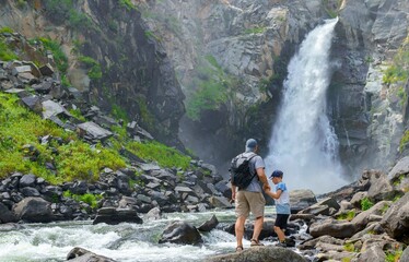 Poster - Father and son hiking at waterfall 