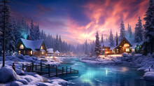 雪に覆われた村と夜空に舞うオーロラの風景